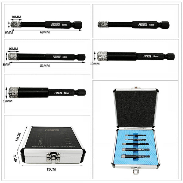 FACHLICH Diamond Quick-fit Shank Dry Drilling Core Bits for Drilling Granite Marble Tile Ceramic Masonry Dia 6/8/10/12/14mm