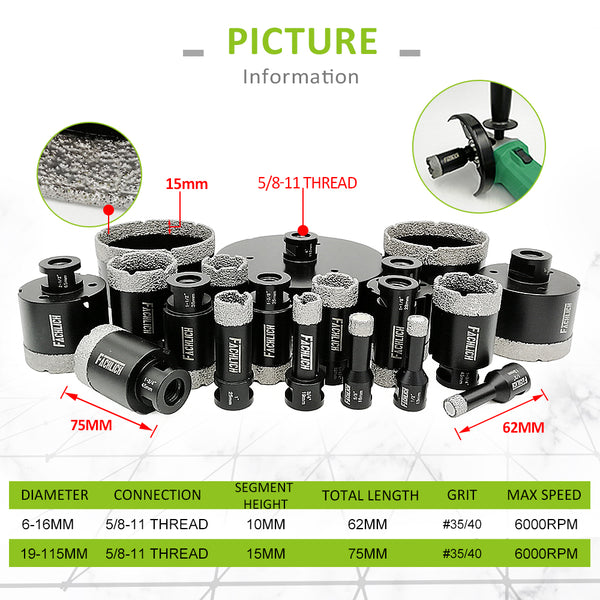 FACHLICH Vacuum Brazed Diamond Drill Bits with 5/8-11 Thread for Granite Marble Stone Tile Ceramic Dia 6-152mm