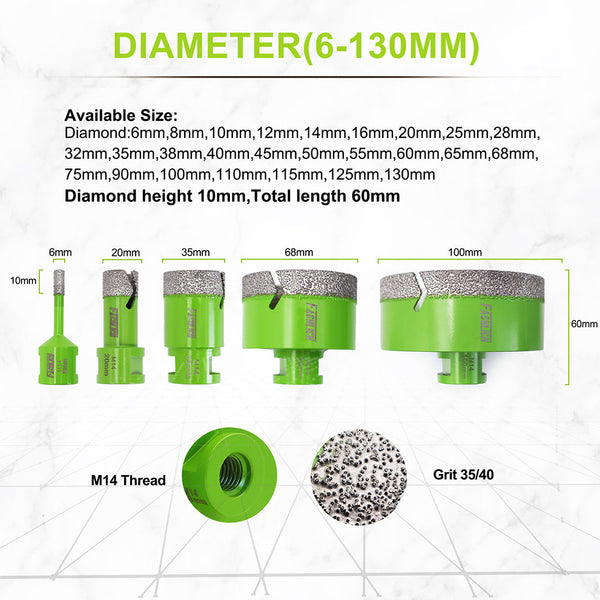 FACHLICH Dry Diamond Drilling Core Bits with M14 Thread for Ceramic Tile Granite Marble Stone Dia 6-130mm