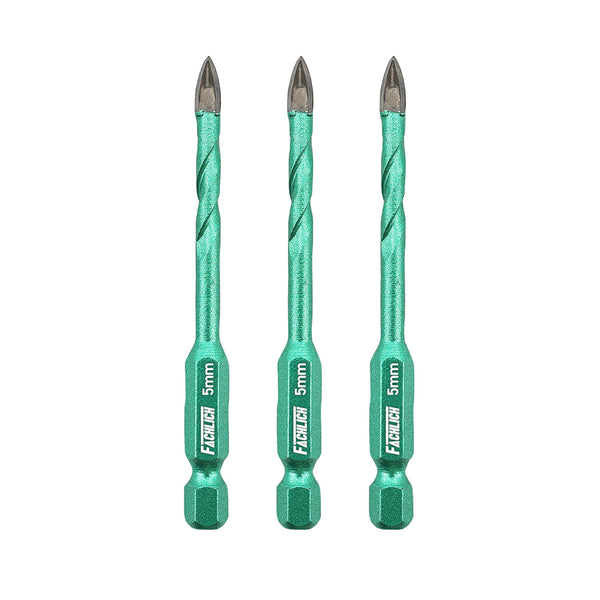 FACHLICH Cross Spiral Tungsten Carbide Drill Bits 3pcs Dia 5/6/8/10/12mm Wood Plastic Concrete Porcelain Tile Quick-fit Shank