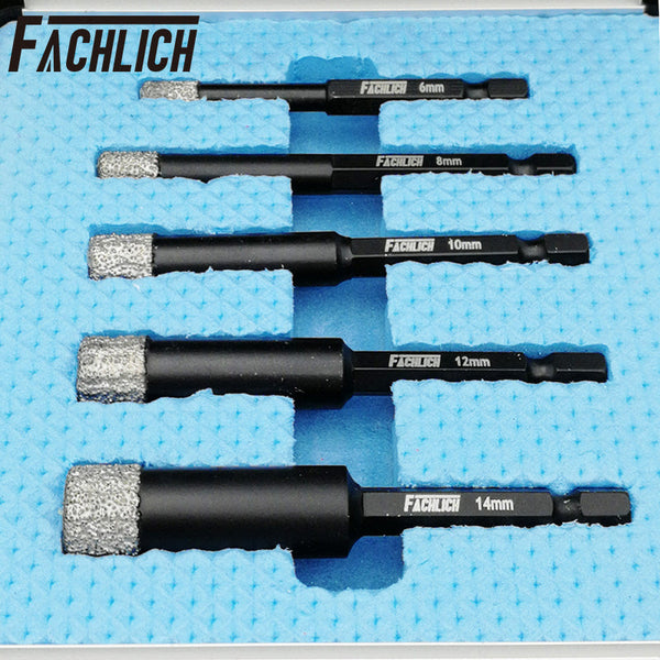 FACHLICH Diamond Quick-fit Shank Dry Drilling Core Bits for Drilling Granite Marble Tile Ceramic Masonry Dia 6/8/10/12/14mm