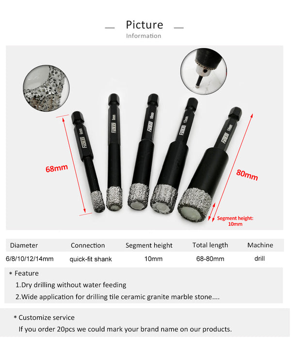 FACHLICH Diamond Quick-fit Shank Dry Drilling Core Bits for Drilling Granite Marble Tile Ceramic Masonry Dia 6/8/10/12/14mm