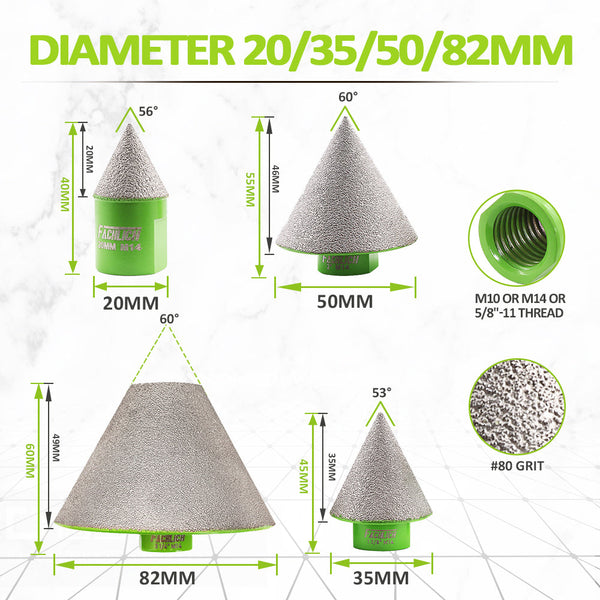 FACHLICH Diamond Chamfer Milling bits Dia 20/35/50/82mm 5/8"-11 or M14 or M10 or Hex Shank Thread Enlarging Polishing and Bevelling the Exist Holes Ceramic Porcelain Tile Marble Granite