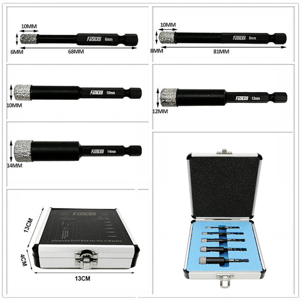 FACHLICH Diamond Quick-fit Shank Dry Drilling Core Bits for Drilling Granite Marble Tile Ceramic Masonry Dia 6/8/10/12/14mm