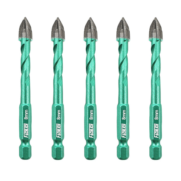 FACHLICH Cross Spiral Tungsten Carbide Drill Bits 5pcs Dia 5/6/8/10/12mm Wood Plastic Concrete Porcelain Tile Quick-fit Shank