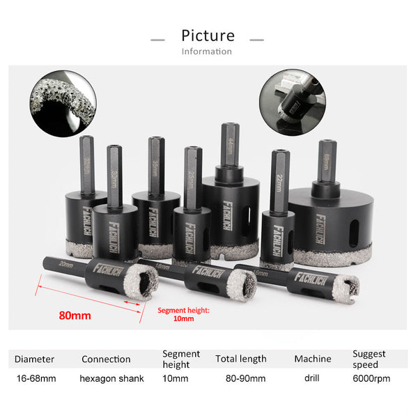 FACHLICH Hexagon Shank Dry Diamond Drill Core Bits for Tile Ceramic Granite Marble Dia 16-68mm