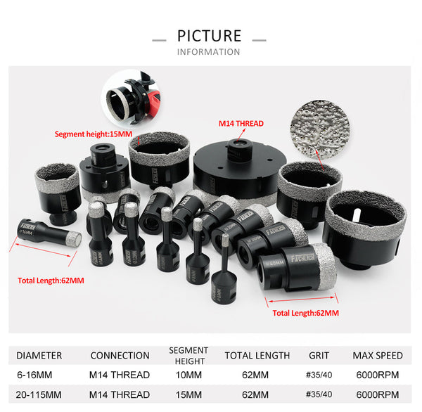 FACHLICH Vacuum Brazed Dry Diamond Drill Core Bits with M14 Thread for Ceramic Granite Marble Stone Dia 6-115mm