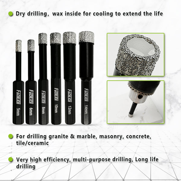FACHLICH Diamond Dry Drilling Core Bits with Hexagon Shank for Drilling Granite Marble Tile Porcelain Dia 5/6/8/10/12/14mm