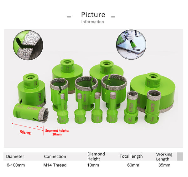 FACHLICH Diamond Core Drill Bit Set M14 Thread for Ceramic Tile Granite Marble 10pcs/Box 6/6/8/20/35/50/68mm