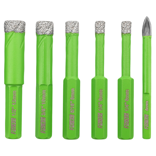 FACHLICH Diamond Drilling Bit 5/6pcs 6/8/10/12/14mm Core Bit Hexagonal Shank+6mm Carbide Bit Porcelain Tile Marble Granite Hole Saw