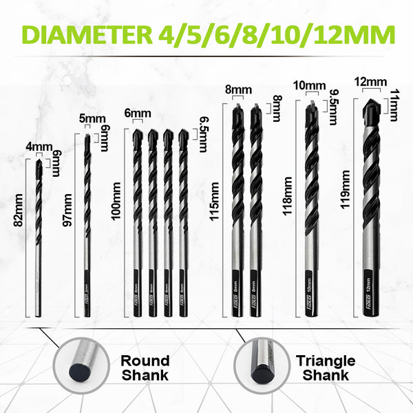 Carbide Drill Bit Set 5pcs/10pcs 4-12mm Wood Plastic Round and Triangle Shank