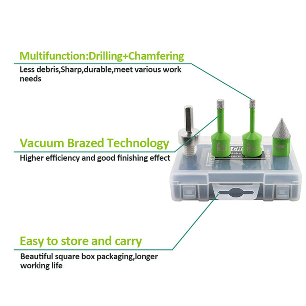 FACHLICH Diamond Drill Bit 4pcs/set Dia 6/8mm Core Bit+20mm Chamfer bit+Hex Adapter for Ceramic Tiles Granite 5/8"-11 Thread