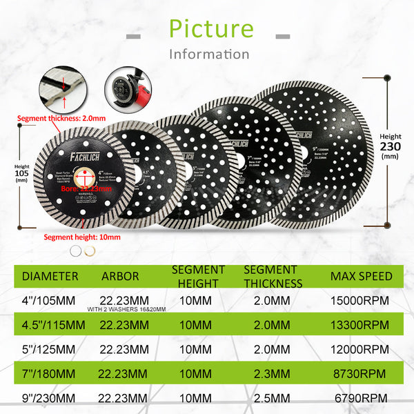 FACHLICH Hot Pressed Multi Holes Diamond Turbo Saw Blade for Hard Material Marble Granite Diameter 4''/4.5"/5"/7"/9"