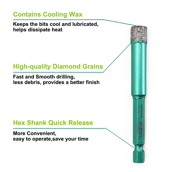 FACHLICH Quick-Fit Shank Diamond Dry Drilling Bits for Granite Marble Tile Ceramic Dia 6/8/10/12/14mm