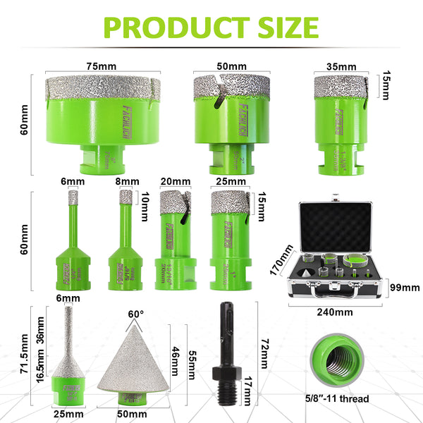 FACHLICH Diamond Drilling Milling Bit 10pcs/set 6-68mm Core Bit+Milling Chamfer Bit+2"Chamfer+Adapter Ceramic Tile Granite Hole Saw 5/8-11