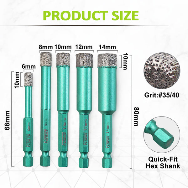 FACHLICH Quick-Fit Shank Diamond Dry Drilling Bits for Granite Marble Tile Ceramic Dia 6/8/10/12/14mm