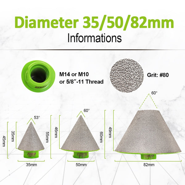 FACHLICH Diamond Chamfer Milling Bits with 5/8-11 or M14 or M10 Thread for Enlarging Polishing and Bevelling the Exist Holes in Ceramic Porcelain Tile Dia 35/50/82mm