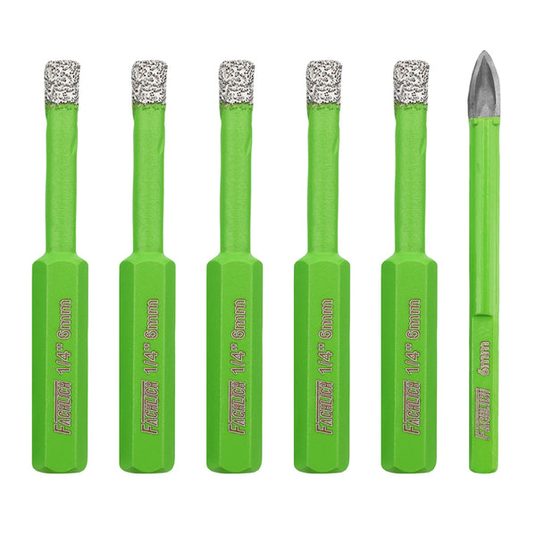 FACHLICH Diamond Drilling Bit 5/6pcs 6/8/10/12/14mm Core Bit Hexagonal Shank+6mm Carbide Bit Porcelain Tile Marble Granite Hole Saw