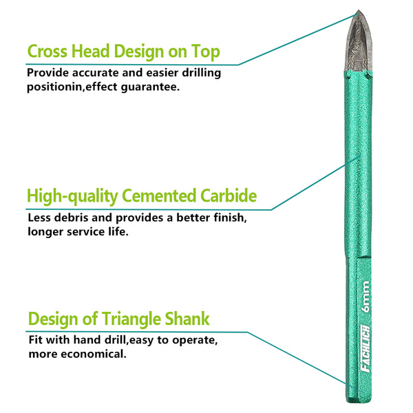 FACHLICH Cross Spiral Tungsten Carbide Drill Bits 3pcs Dia 5/6/8/10/12mm Wood Plastic Ceramic Tile Marble Granite Triangle Shank