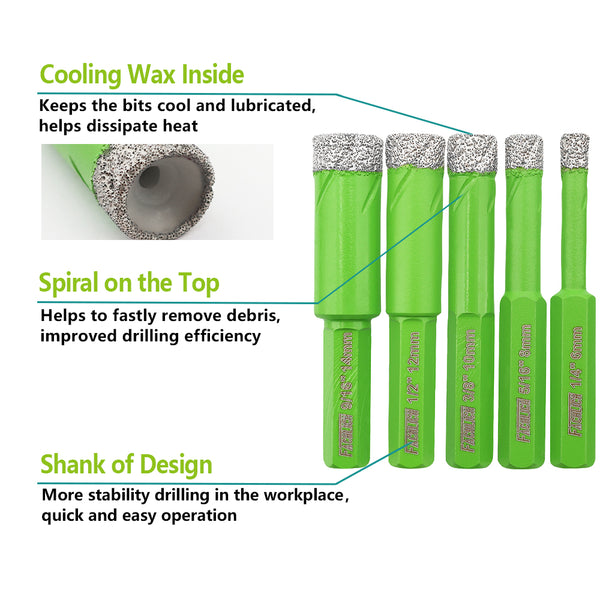 FACHLICH Diamond Drilling Bit 5/6pcs 6/8/10/12/14mm Core Bit Hexagonal Shank+6mm Carbide Bit Porcelain Tile Marble Granite Hole Saw