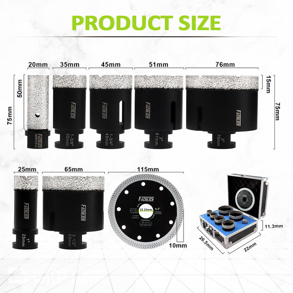 FACHLICH Diamond Drill Core Bits 5/8-11 Thread for Ceramic Tile Granite Marble 7pcs/box Dia 25/35/45/51/65/76mm