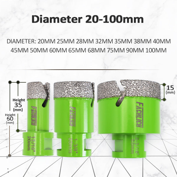 FACHLICH Diamond Core Drill Bit Set 5/8-11 Thread for Ceramic Tile Granite Marble 7pcs/Box 25/35/50/65/100mm