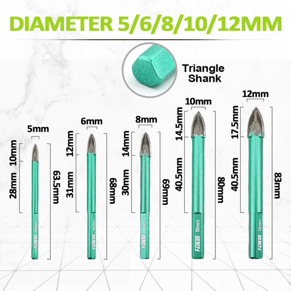 FACHLICH Cross Spiral Tungsten Carbide Drill Bits 3pcs Dia 5/6/8/10/12mm Wood Plastic Ceramic Tile Marble Granite Triangle Shank