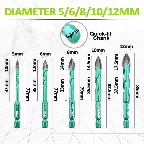 FACHLICH Cross Spiral Tungsten Carbide Drill Bits 5pcs Dia 5/6/8/10/12mm Wood Plastic Concrete Porcelain Tile Quick-fit Shank