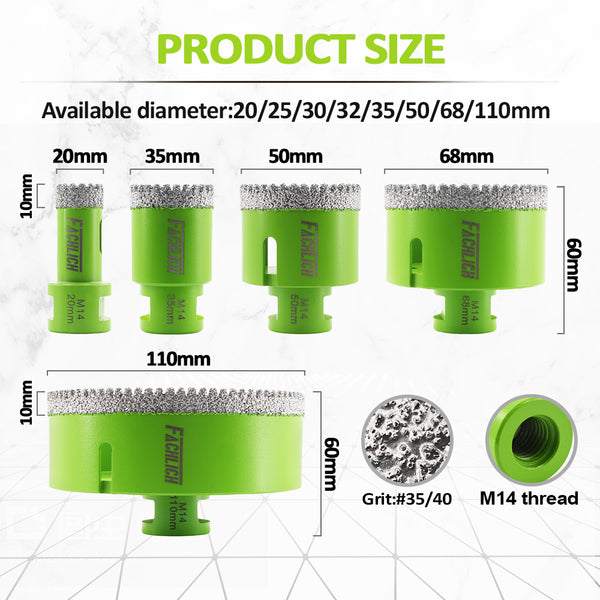 FACHLICH Diamond Drilling Core Bit 1/2pcs 20/25/30/32/35/50/68/110mm Porcelain Tile Marble Granite Hole Saw M14 Thread