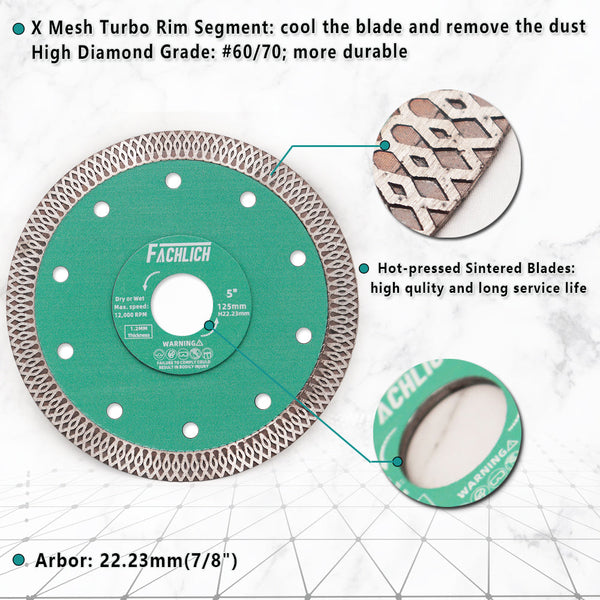 FACHLICH X Mesh Turbo Diamond Cutting Disc for Porcelain Marble Tile Ceramic Dia 4"/4.5''/5''/7''/8''/9''/10''/12''/14''