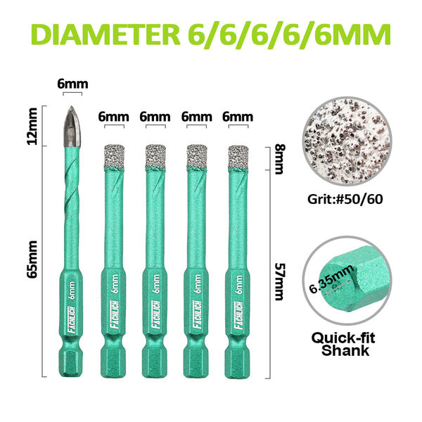 FACHLICH Diamond Core Bit 5pcs Dia 6/8/10/12mm+6mm Carbide drill bit Ceramic Tile Marble Granite Hole Saw Quick-fit Shank