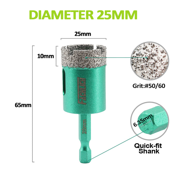 FACHLICH Diamond Core Bit 2pcs Dia 20/25mm Ceramic Tile Marble Granite Vacuum Brazed Hole Saw Quick-fit Shank