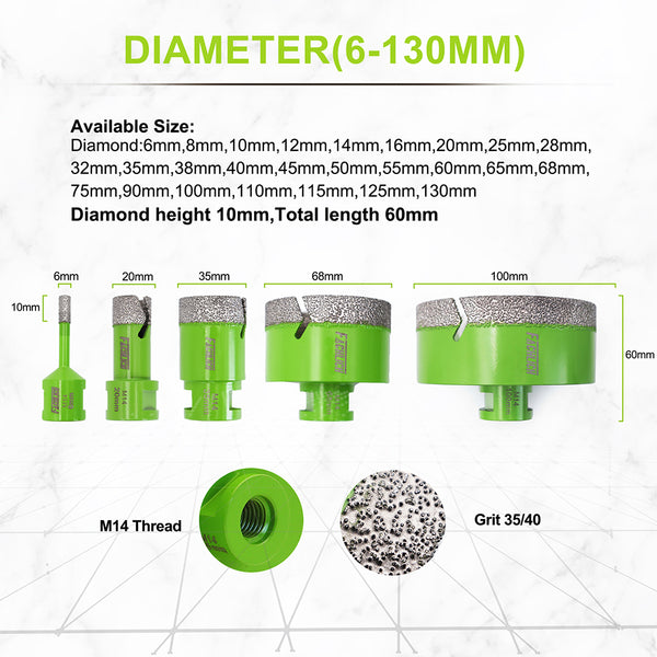 FACHLICH Dry Diamond Drilling Core Bits with M14 Thread for Ceramic Tile Granite Marble Stone Dia 6-130mm