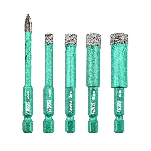 FACHLICH Diamond Core Bit 5pcs Dia 6/8/10/12mm+6mm Carbide drill bit Ceramic Tile Marble Granite Hole Saw Quick-fit Shank