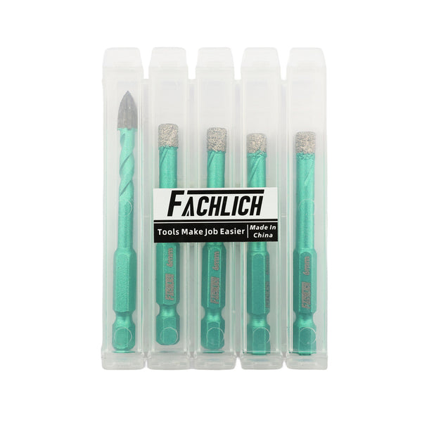 FACHLICH Diamond Core Bit 5pcs Dia 6/8/10/12mm+6mm Carbide drill bit Ceramic Tile Marble Granite Hole Saw Quick-fit Shank