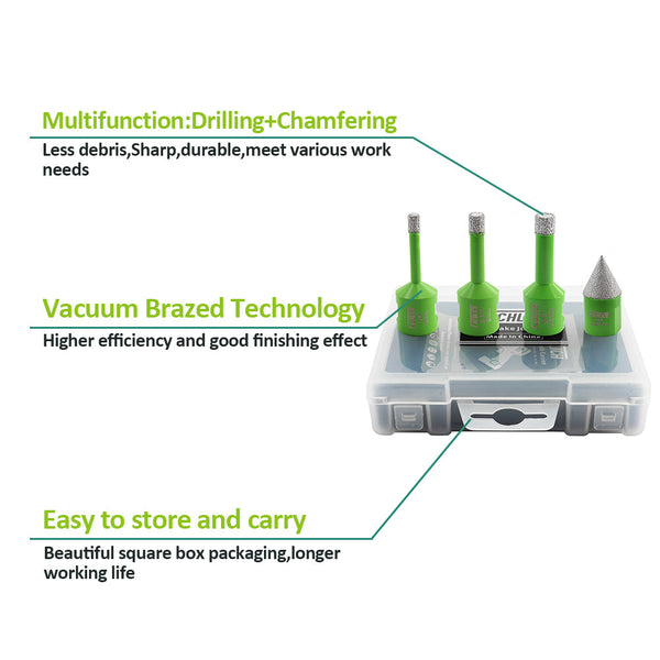 FACHLICH Diamond Drill Bit 4pcs/set Dia 6/8/10 mm Core Bits+20mm Chamfer Bit for Granite Marble Stone Ceramic Tiles 5/8"-11 Thread