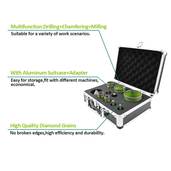 FACHLICH Diamond Drilling Milling Bit 10pcs/set 6-68mm Core Bit+Milling Chamfer Bit+2"Chamfer+Adapter Ceramic Tile Granite Hole Saw M14