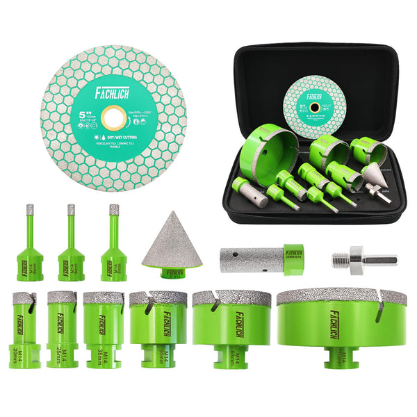 FACHLICH 13pcs 6-110mm Diamond Core Drill Bit Set 5inch Cutting Grinding Saw Blades for Ceramic Tile Granite Marble