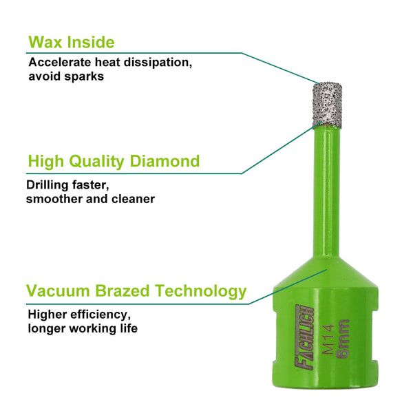 FACHLICH Dry Diamond Drilling Core Bits with 5/8-11 Thread for Ceramic Tile Granite Marble Stone Dia 6-152mm