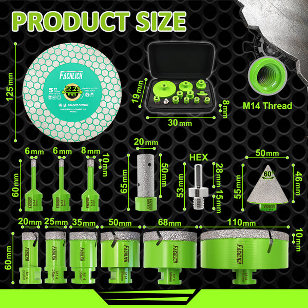 FACHLICH 13pcs 6-110mm Diamond Core Drill Bit Set 5inch Cutting Grinding Saw Blades for Ceramic Tile Granite Marble