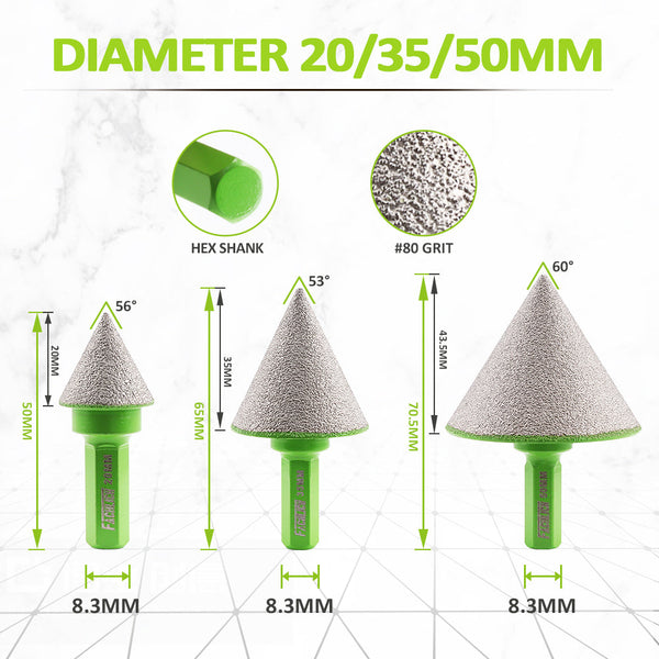 FACHLICH Diamond Chamfer Milling bits Dia 20/35/50/82mm 5/8"-11 or M14 or M10 or Hex Shank Thread Enlarging Polishing and Bevelling the Exist Holes Ceramic Porcelain Tile Marble Granite