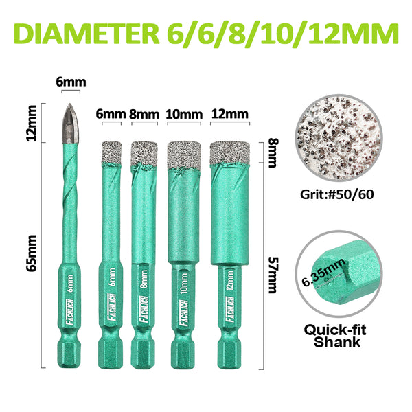 FACHLICH Diamond Core Bit 5pcs Dia 6/8/10/12mm+6mm Carbide drill bit Ceramic Tile Marble Granite Hole Saw Quick-fit Shank