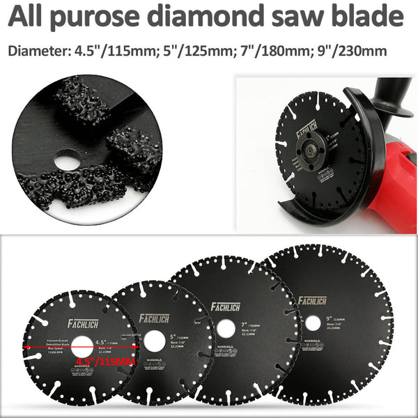 FACHLICH Vacuum Brazed Diamond Blade for All Purpose for Granite,Marble, Aluminum,Auto Body Panels,Cast Iron,Copper Pipe Dia 4.5''/5''/7''/9''