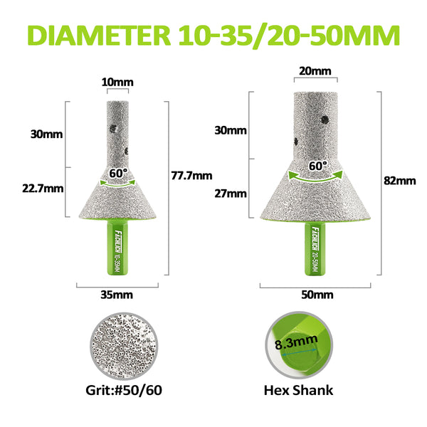 FACHLICH Diamond Milling Finger Chamfering Bit 10-35mm/20-50mm Ceramic Tile Porcelain Granite Vacuum Brazed Hole Saw Hex Shank