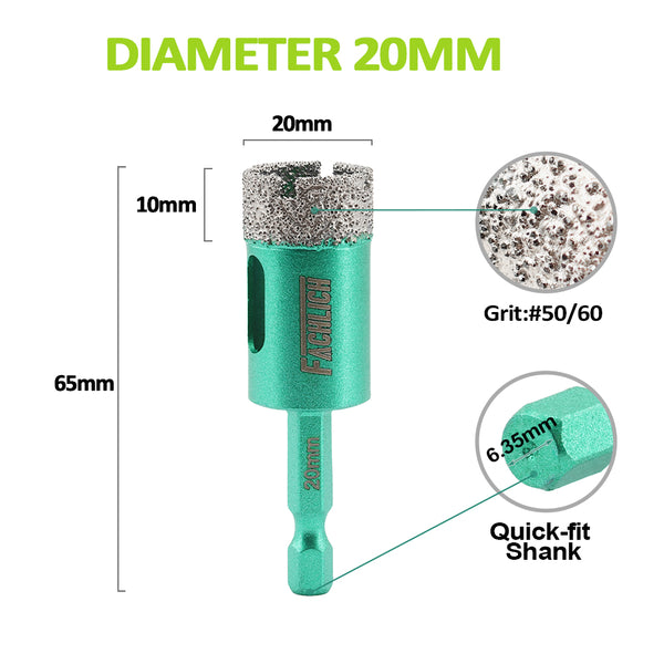 FACHLICH Diamond Core Bit 2pcs Dia 20/25mm Ceramic Tile Marble Granite Vacuum Brazed Hole Saw Quick-fit Shank