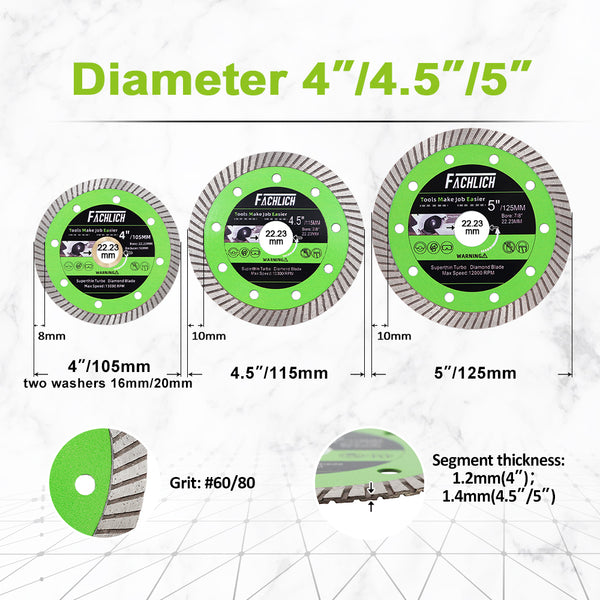 FACHLICH Super-Thin Diamond turbo Cutting Saw Blades for Cutting Hard Material Ceramic Tile Granite Dia 4"/4.5"/5"