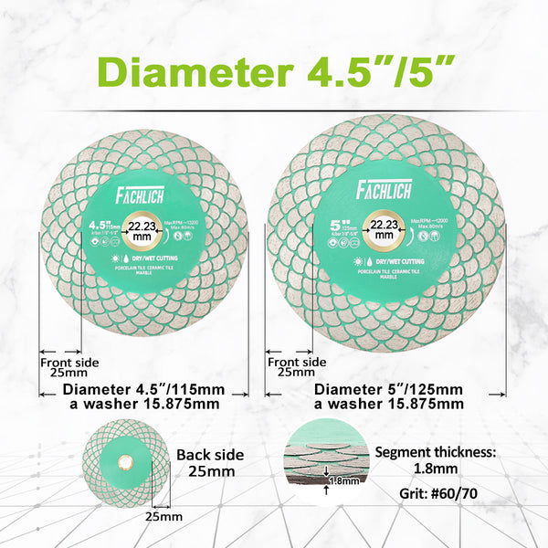 FACHLICH Diamond Cutting Grinding Disc 1/2/3/5pcs Dia 115/125mm Porcelain Tile Marble Double Sided Fan-shaped Saw Blades