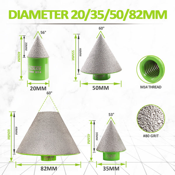 FACHLICH  Diamond Chamfer Milling bits Vacuum Brazed 1 or 2pcs Dia 20/35/50/82mm Enlarging Polishing Holes Angle Grinder  Ceramic Porcelain Tile Marble Granite  M14 Thread