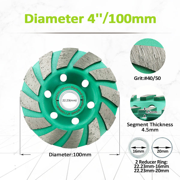 FACHLICH Diamond Turbo Row Grinding Cup Wheel for Concrete Marble Brick Dia 4''/100mm