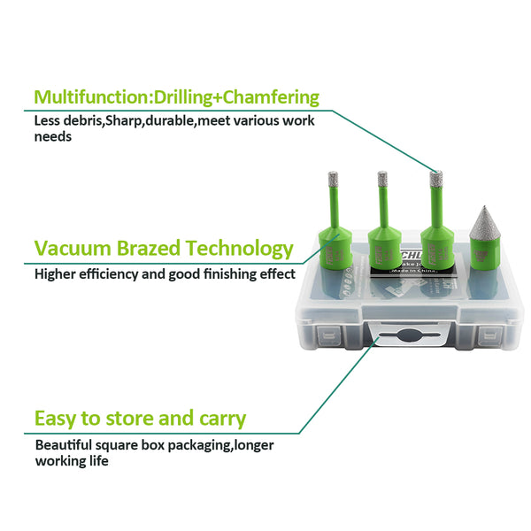 FACHLICH Diamond Drill Bit 4pcs/set Dia 6/6/8 Core Bits+20mm Chamfer Bit for Ceramic Marble Stone Tiles Granite M14 Thread